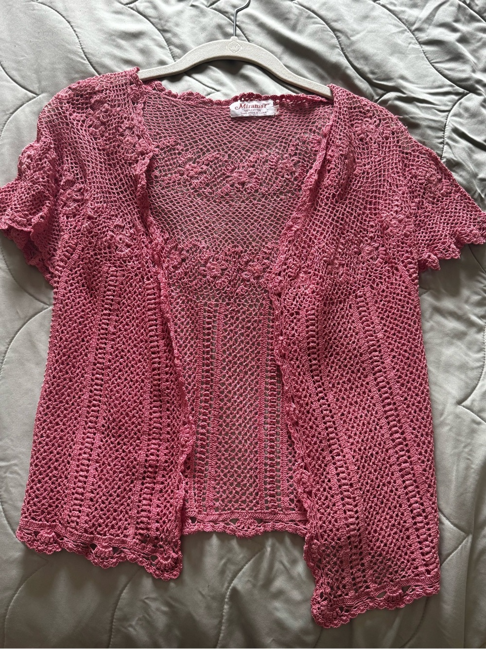 Vintage Pink Crochet Openwork Short-Sleeve Cardigan